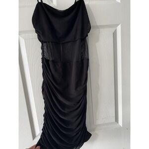 M.N.I Los Angeles Black Ruched Mesh Bodycon Midi Cowl Neck Zip Dress M M10184